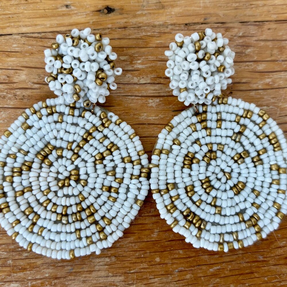 Beaded Dangle Earrings: White and Gold Seed Beads